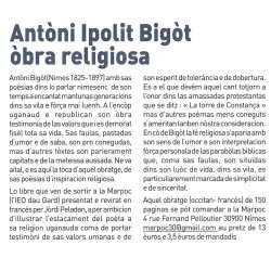 Antòni BIGOT, òbra religiosa - Jòrdi PELADAN - Article Aquo d'Aqui 322 - 2020-02